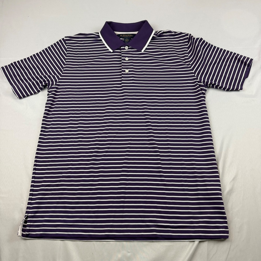 Brooks Brothers Polo Shirt Mens L Purple Striped Performance Short Sleeve
